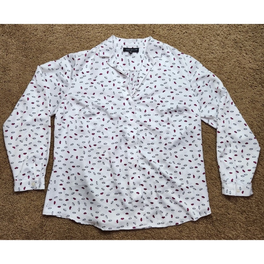 Jones New York Woman White Lip Print Button Up‎ Blouse Plus Size 16W Long Sleeve